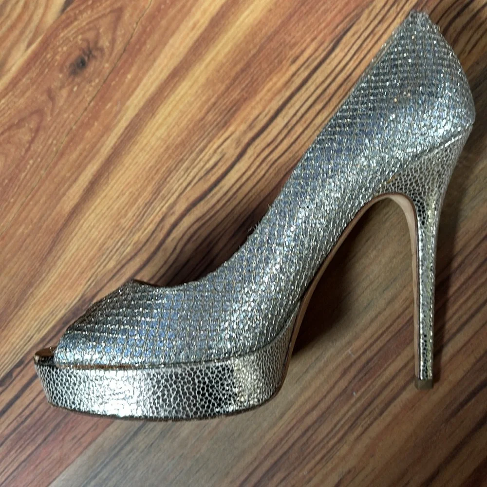 Jimmy Choo Peep Toe Luna Platform Pumps Heels Glitter Fabric Champagne 38/ 7.5 - Picture 7 of 14
